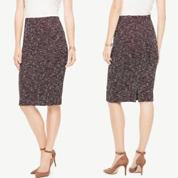 ANN TAYLOR Factory Burgundy Maroon or Plum White Tweed Work Pull On Pencil Skirt - Picture 1 of 11